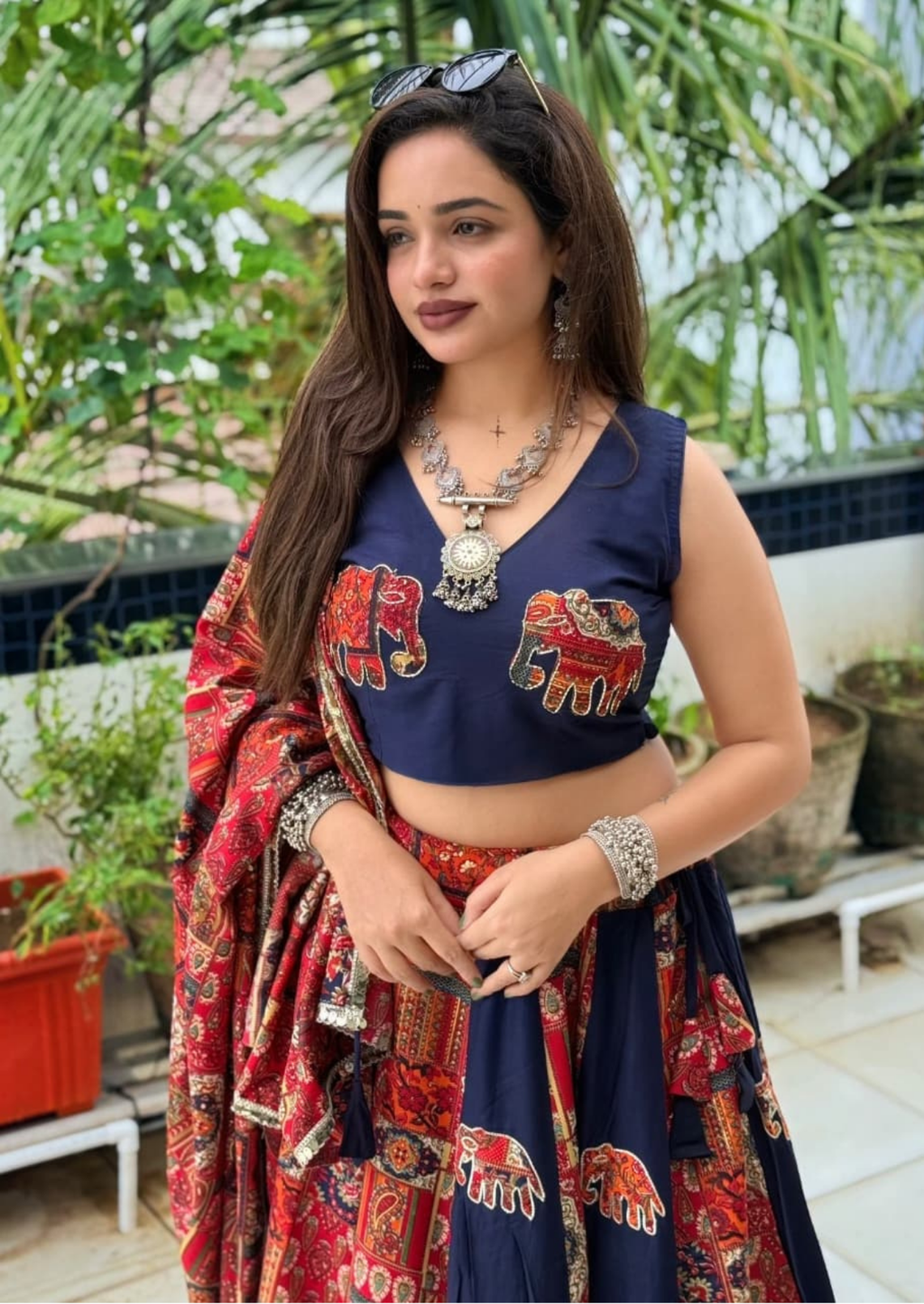 Deep Blue Elephant Applique Pure Reyon Lehenga Set-0