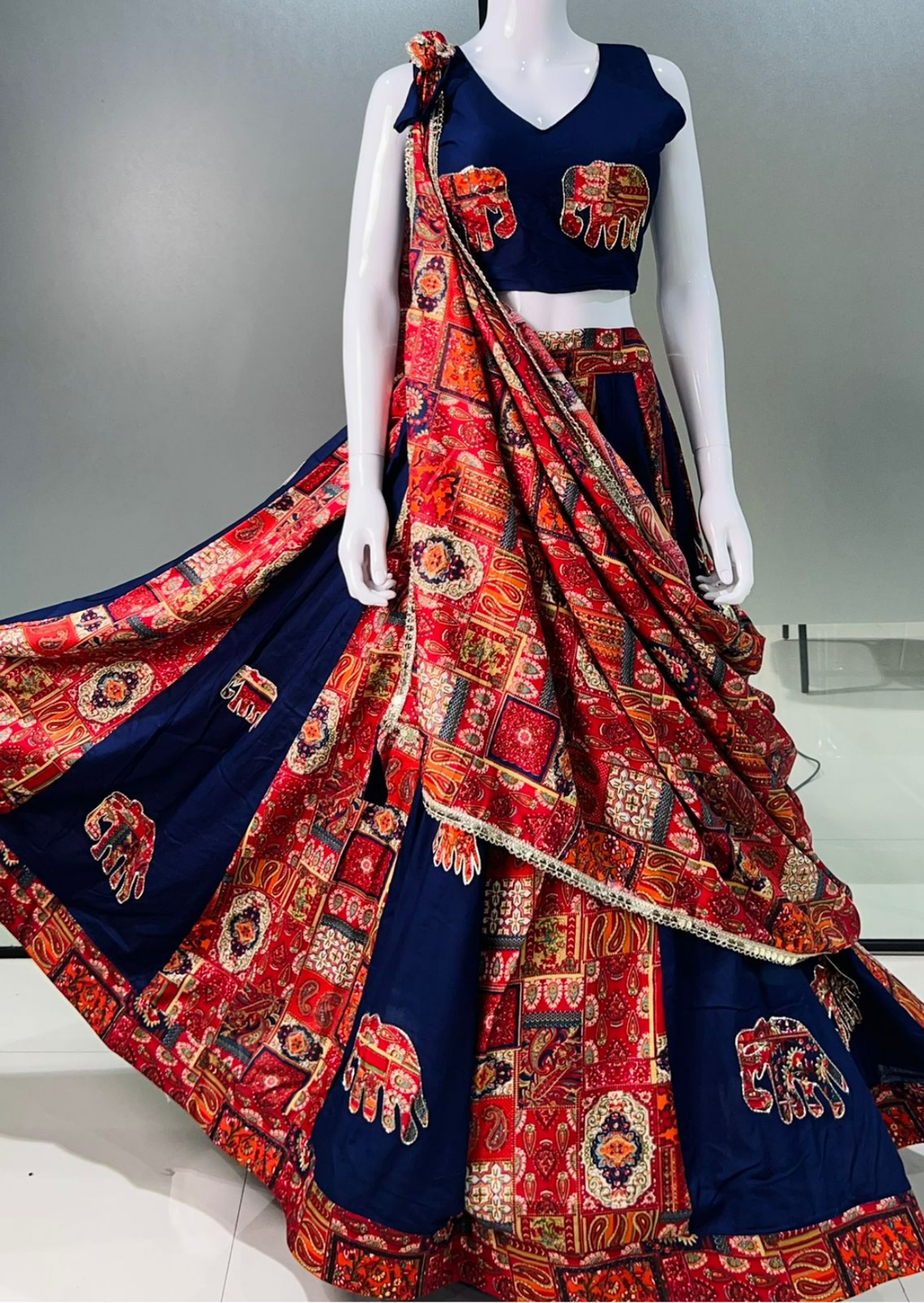 Deep Blue Elephant Applique Pure Reyon Lehenga Set-1