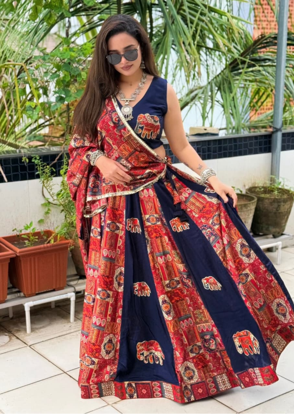 Deep Blue Elephant Applique Pure Reyon Lehenga Set-2